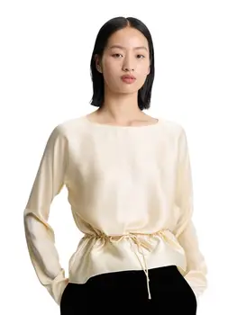 Нова сатен риза Raglan с кръгло деколте и дълъг ръкав, лятна дамска луксозна тениска дантела, подчертавайки кръста, Тънък и темпераментна топ