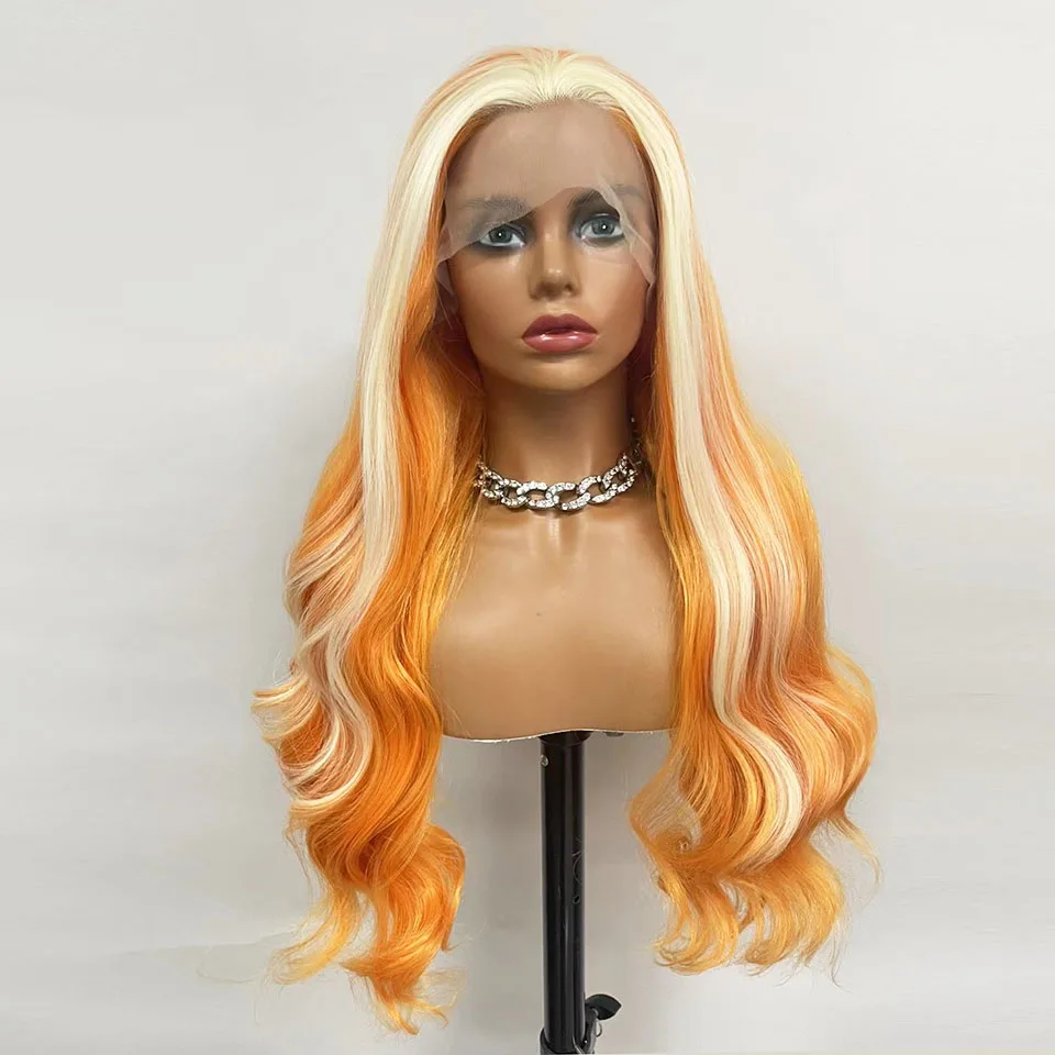 Двуцветен Перуки оранжево блондинистого цветове, модерен синтетични Перука на дантели, Ежедневното използване, Светъл Вълнообразни перука от устойчиви на топлина влакна, перука за cosplay