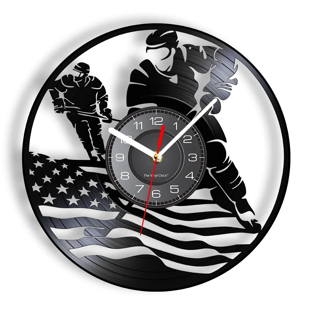 Патриотичен флаг на САЩ, хокей стенни часовници, vinyl плоча американски играч хокей, стенни часовници за хокей на лед хокей, спортни и модерни часовници за домашен декор