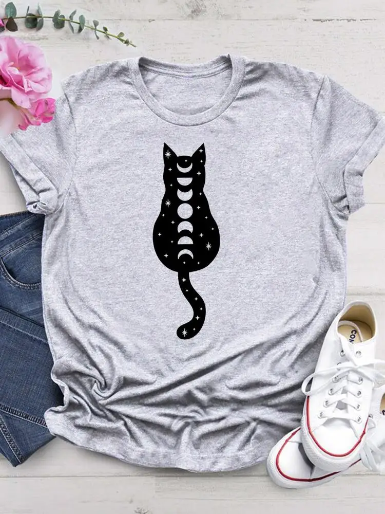 Тениска с изображение на лунната котка, летни дрехи, модни тениска с кръгло деколте, Къс ръкав, дамски дрехи, тениски с принтом.