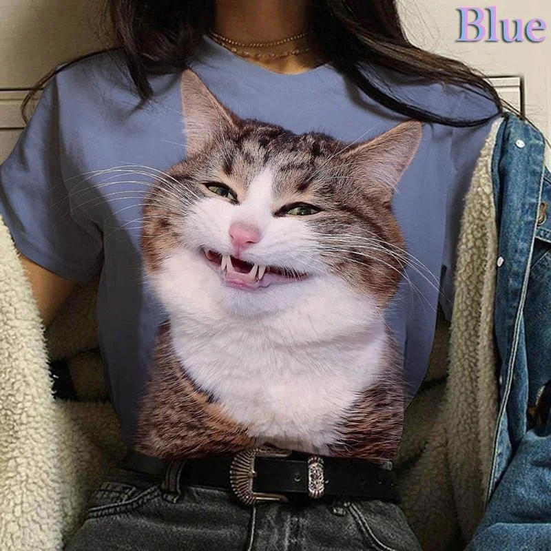 Лятна нова мода сладка тениска с принтом котка, ежедневни тениски с къси ръкави, Топ