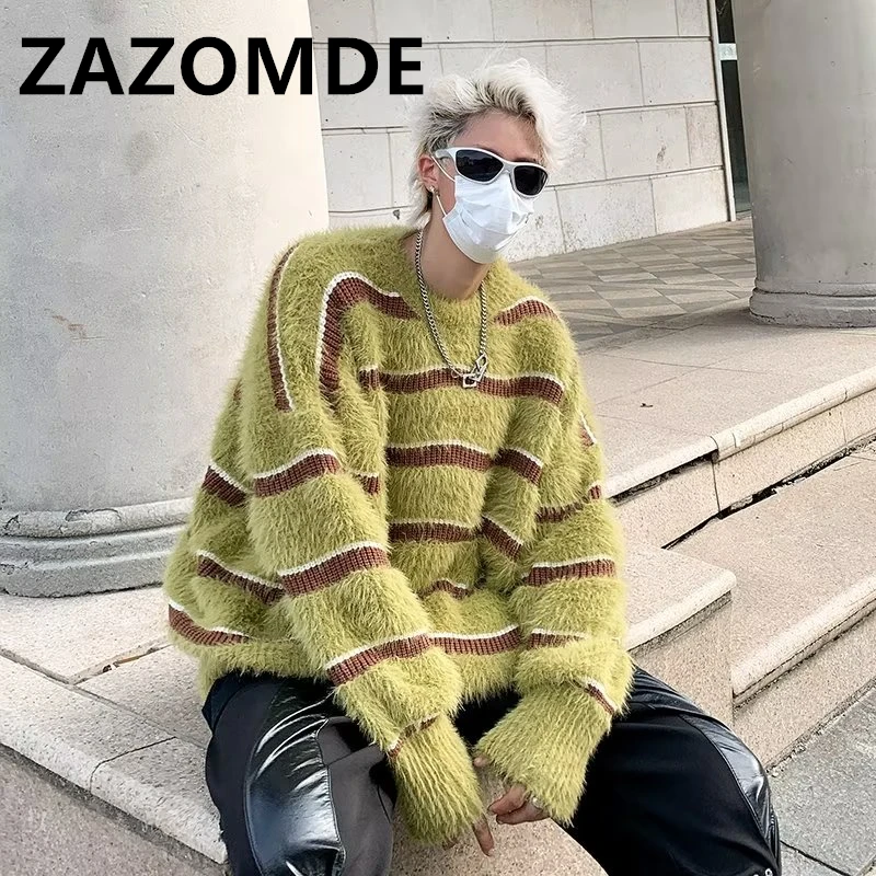 Зимата е Топъл Мек пуловер ZAZOMDE, Свободен Модерен Свободен Скок в ивица с кръгло деколте, Всекидневни вязаный пуловер Оверсайз за мъже