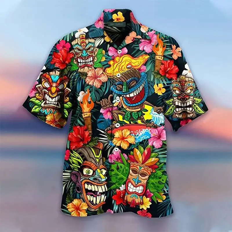 Модни хавайски ризи с принтом Tribe, Върхове за плажни партита, Летни мъжки ризи с кубински яка голям размер За мъже