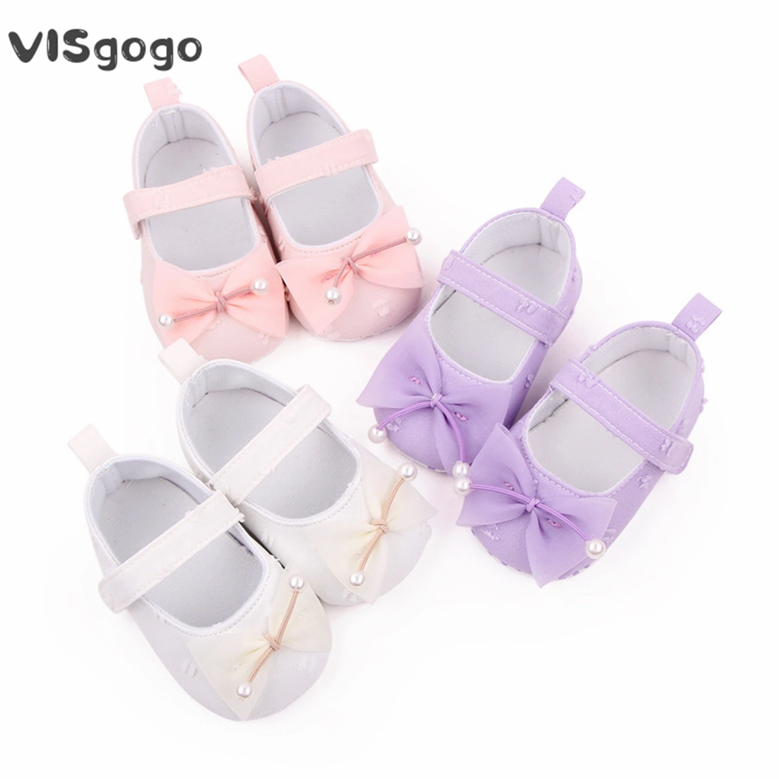 VISgogo/ обувки за креватче за най-малките момичета, обувки на плоска подметка с лък, нескользящая обувки за ходене в сватбена рокля на принцеса за новородени