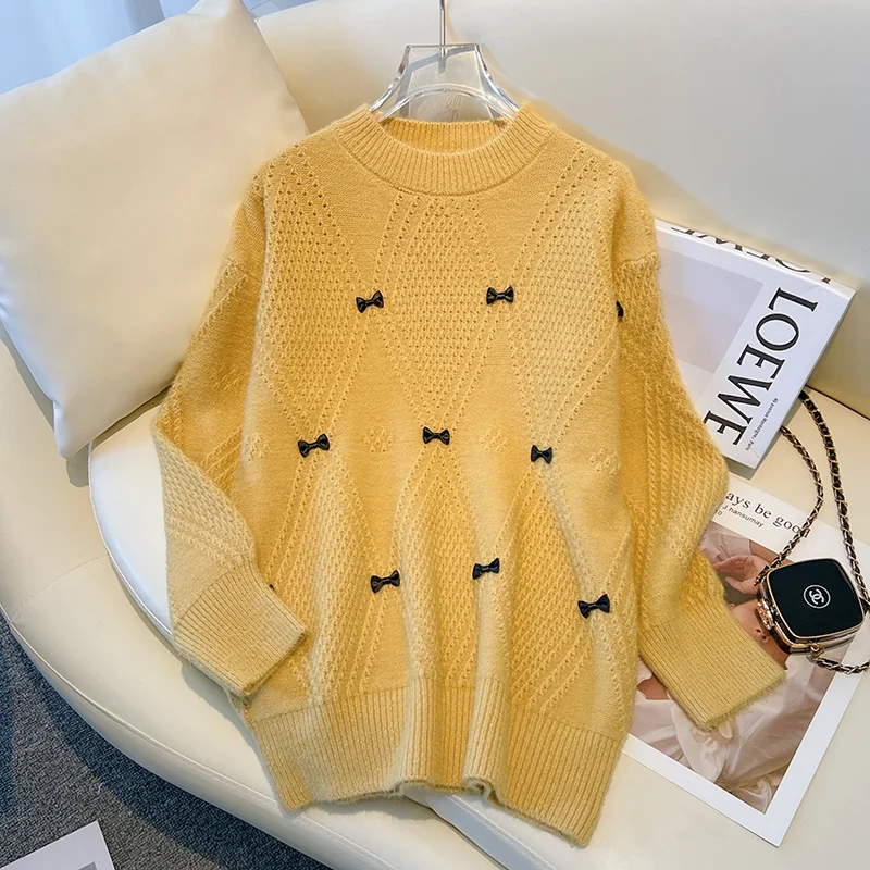 2022 Новият Есенно-Зимния Женски Свободен пуловер-пуловер с високо качество Sweet Bow Argyle Жаккардовый вязаный пуловер