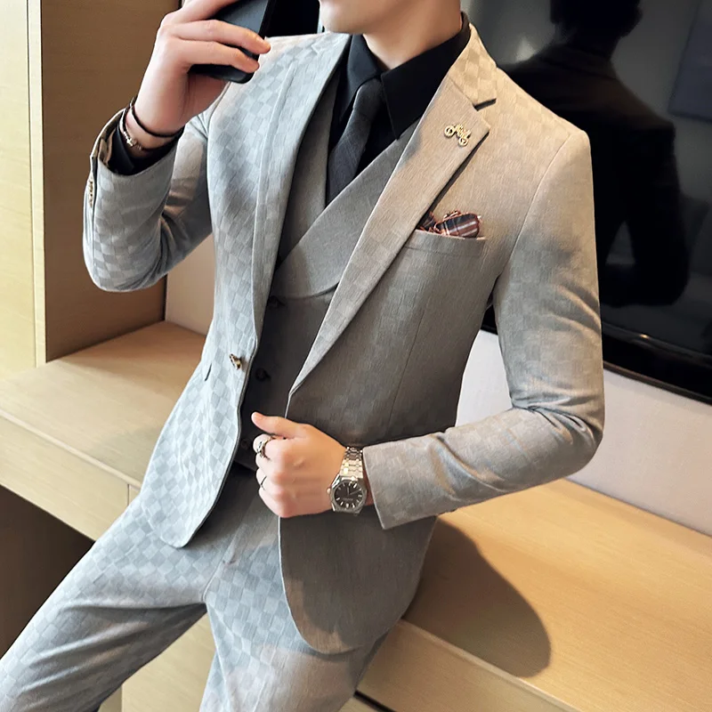 Висококачествено мъжко облекло (костюм + жилетка + панталони) Сватбен костюм M-5XL Корейски Тънък Модерен Красив Модерен комплект 3/2 в стил Smart Casual